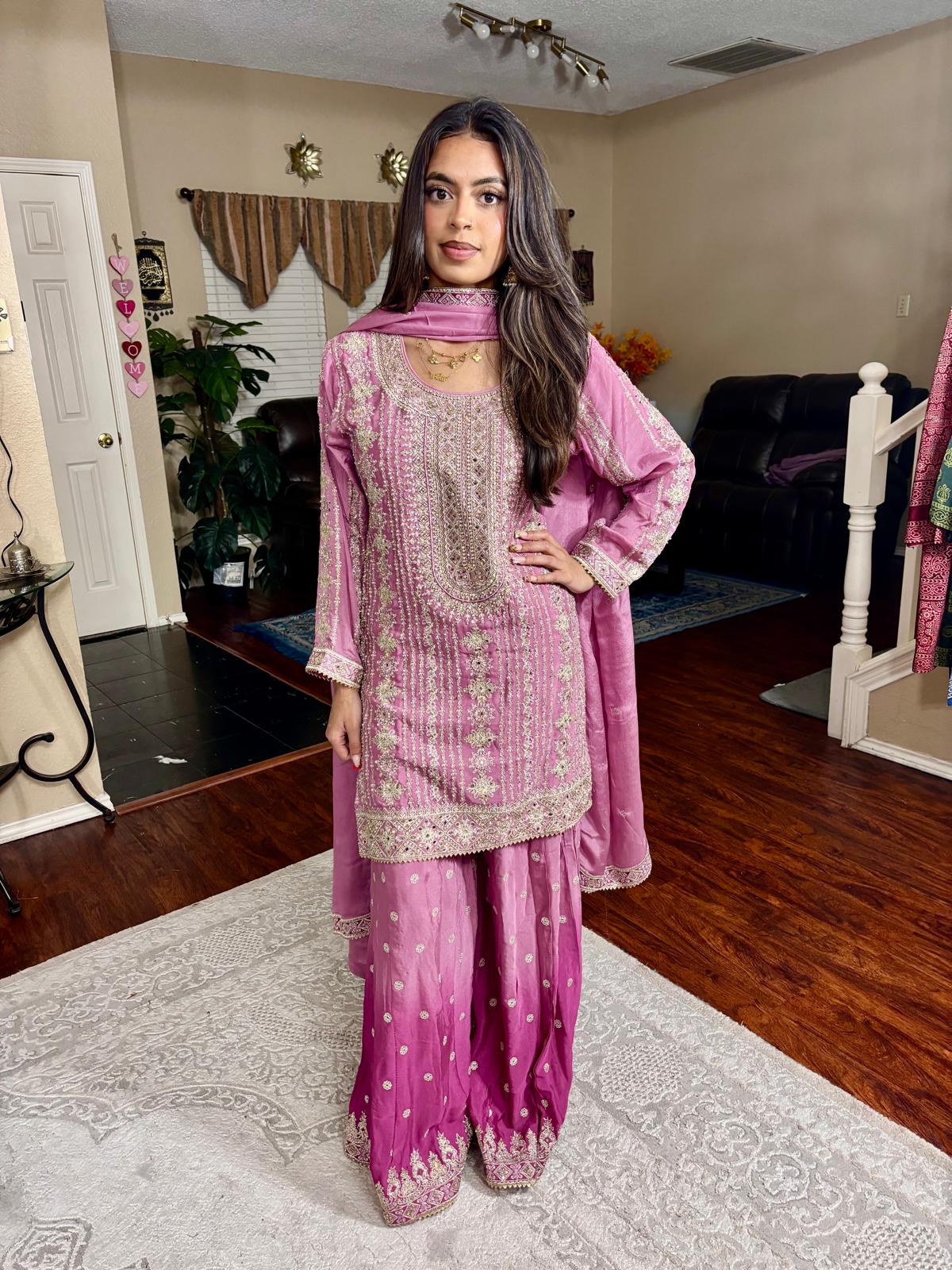 Ombre Pink Embroidered Sharara Suit