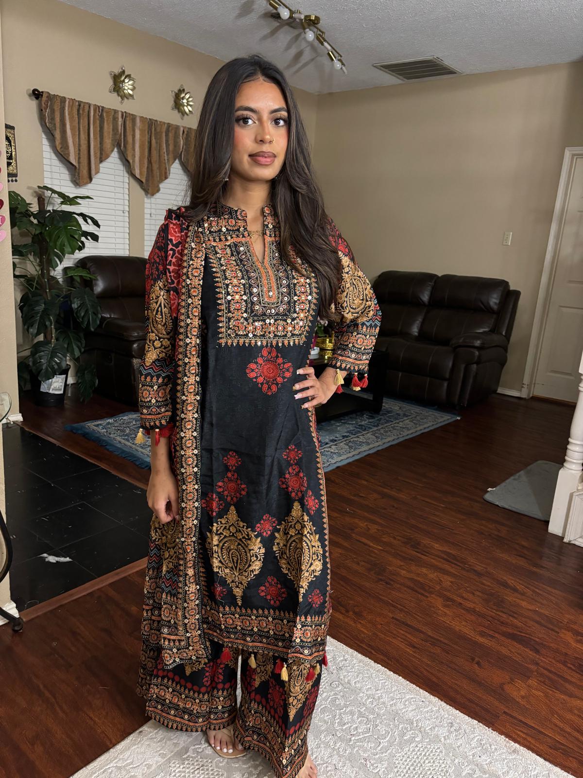 Black Ethnic Multi-Print Suit – Muslin Crepe