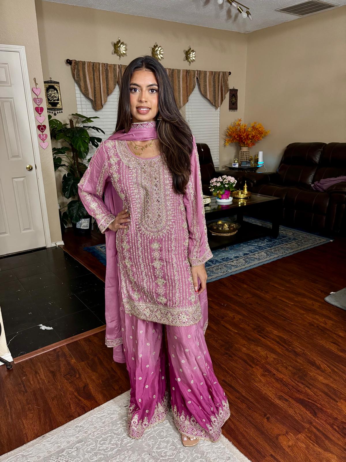 Ombre Pink Embroidered Sharara Suit