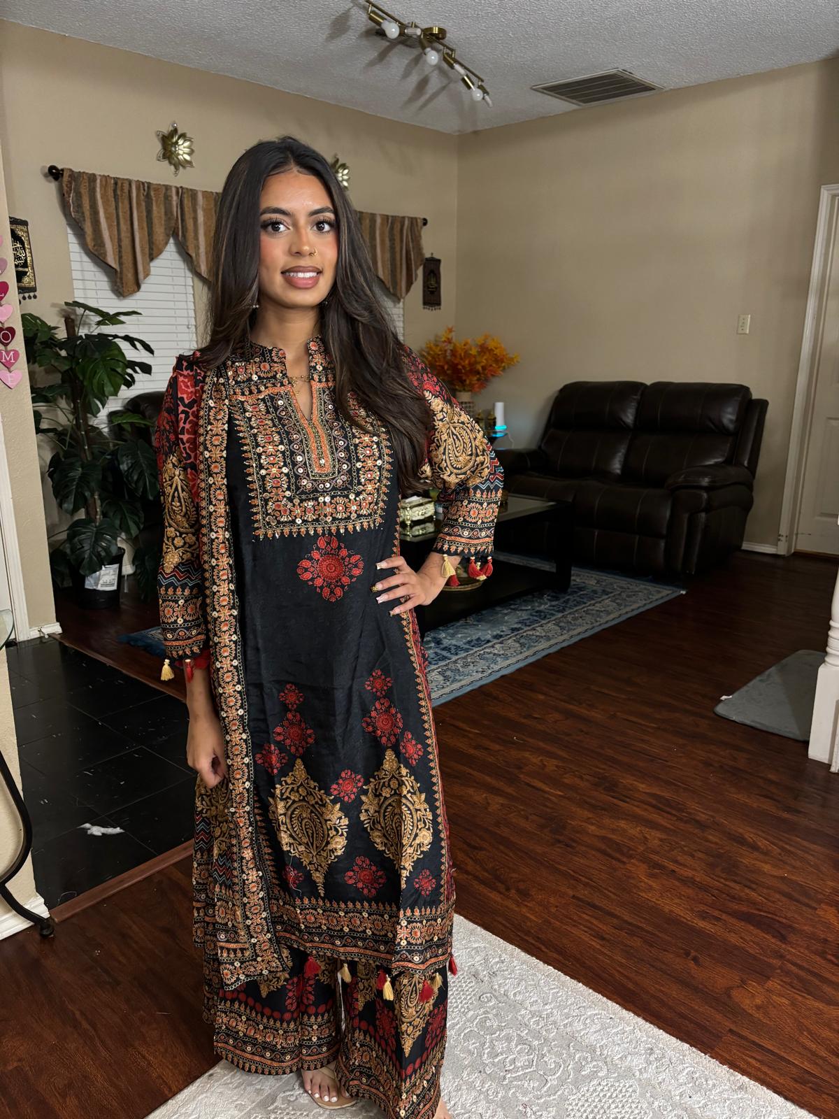 Black Ethnic Multi-Print Suit – Muslin Crepe