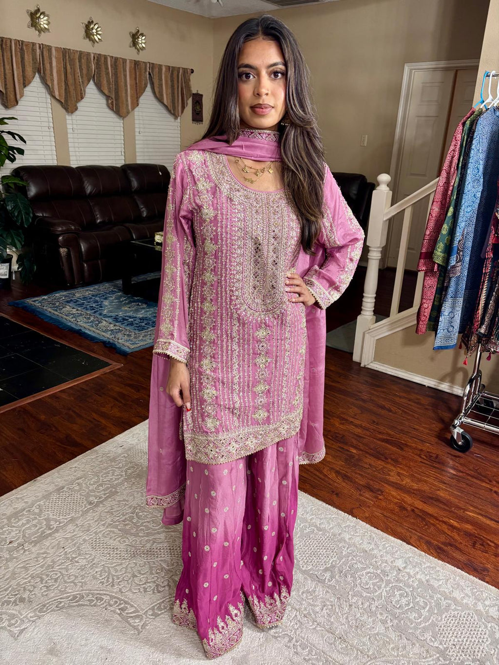 Ombre Pink Embroidered Sharara Suit