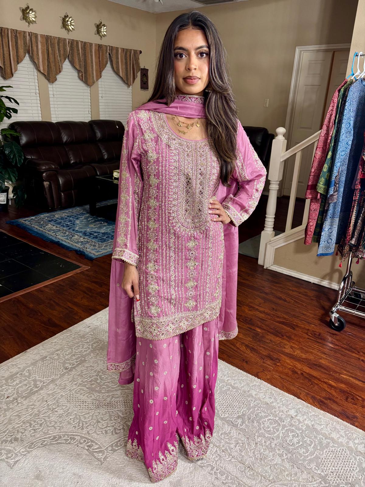 Ombre Pink Embroidered Sharara Suit