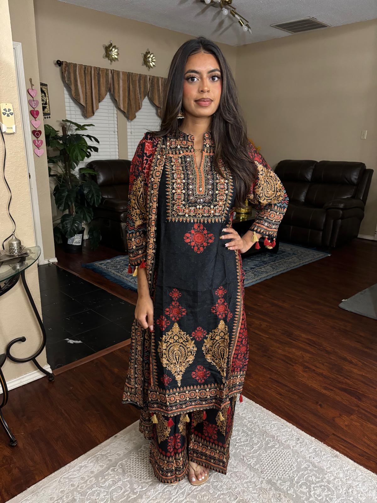 Black Ethnic Multi-Print Suit – Muslin Crepe