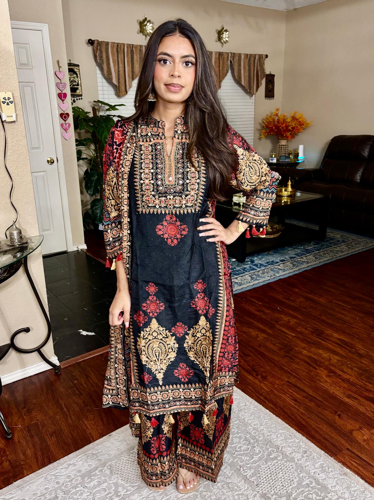 Black Ethnic Multi-Print Suit – Muslin Crepe