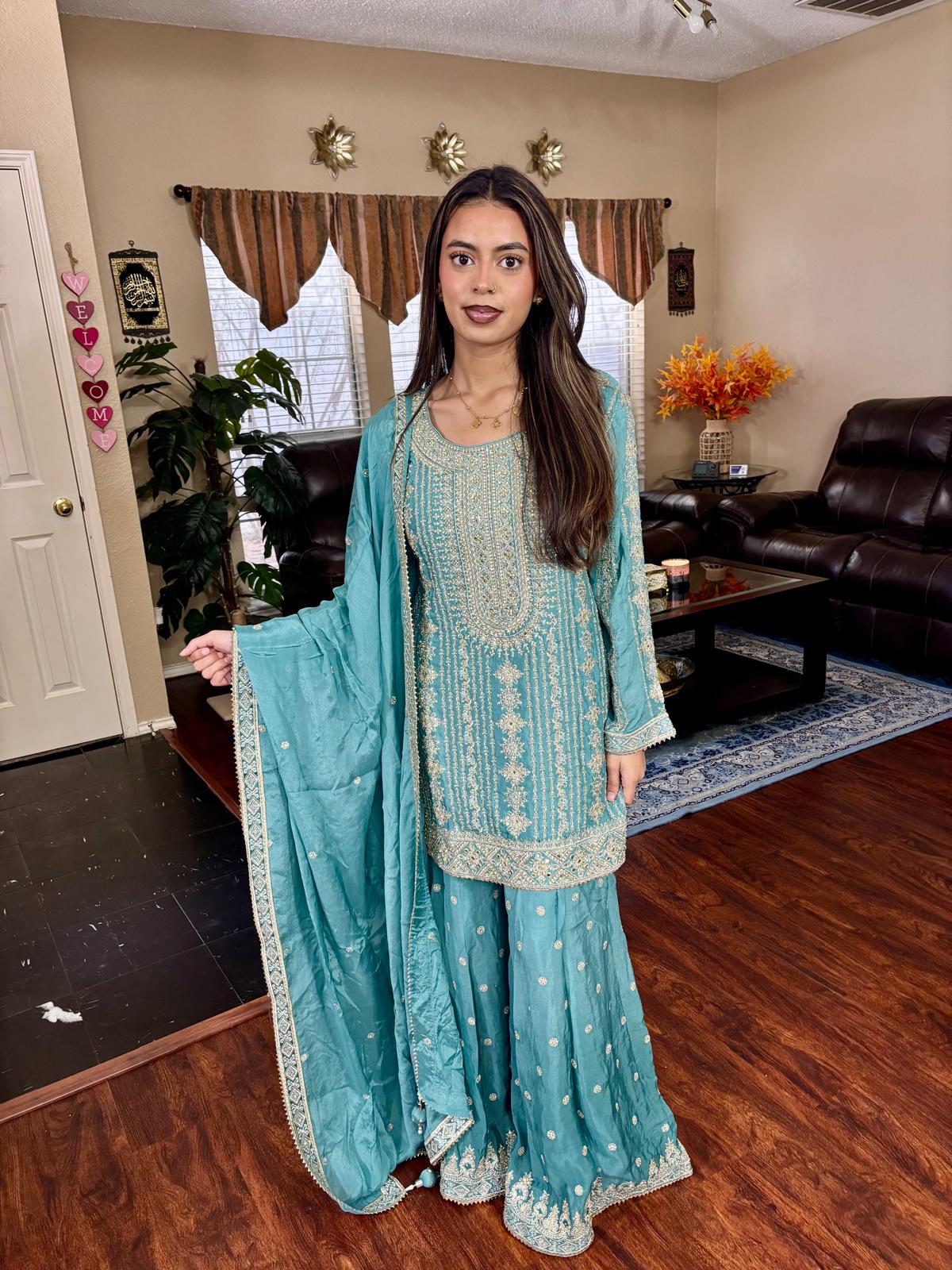 Turquoise Embroidered Sharara Suit