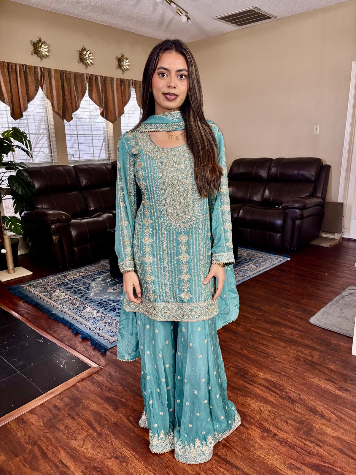 Turquoise Embroidered Sharara Suit