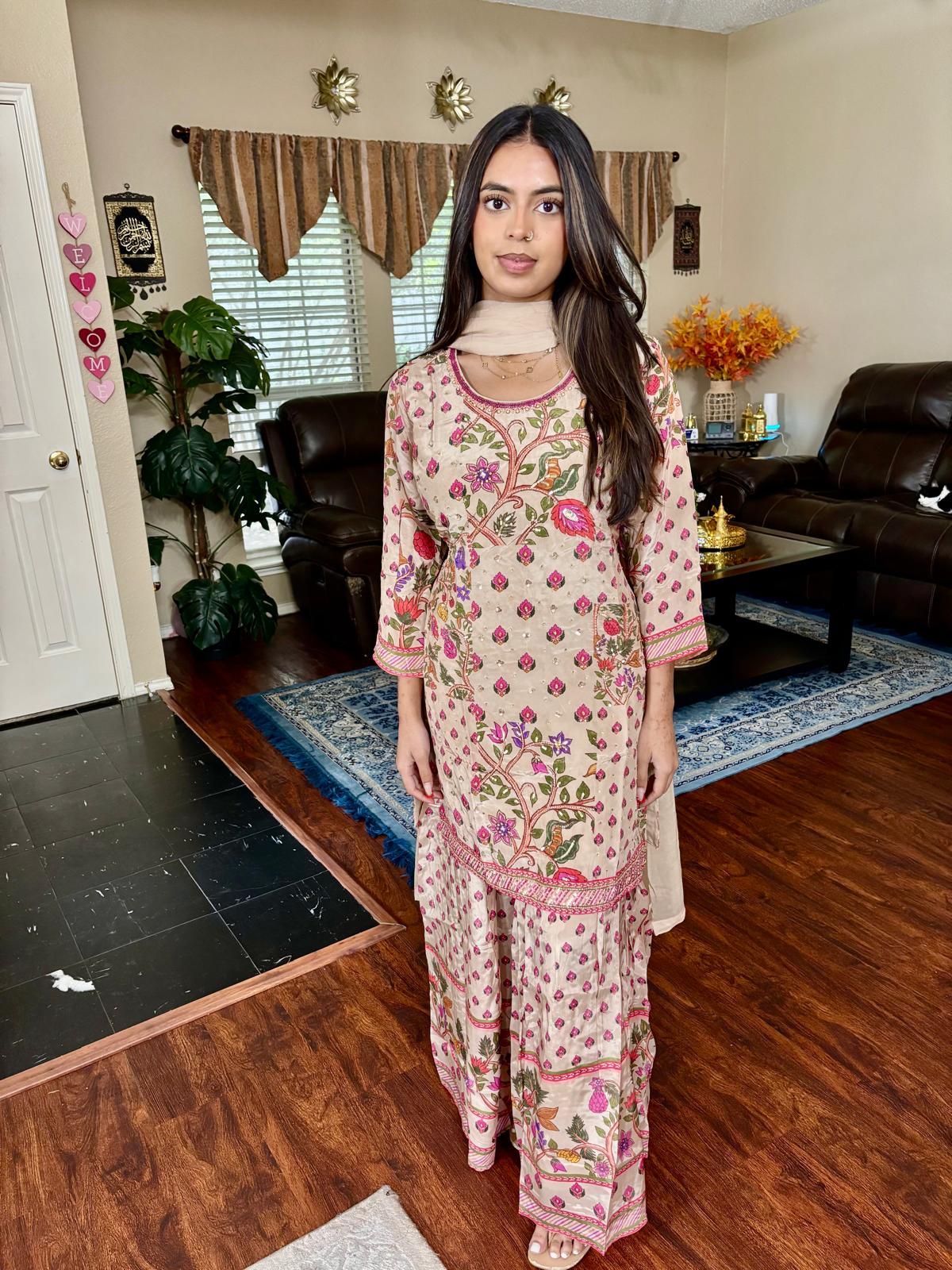 Beige Floral Print Cardana Sharara Suit