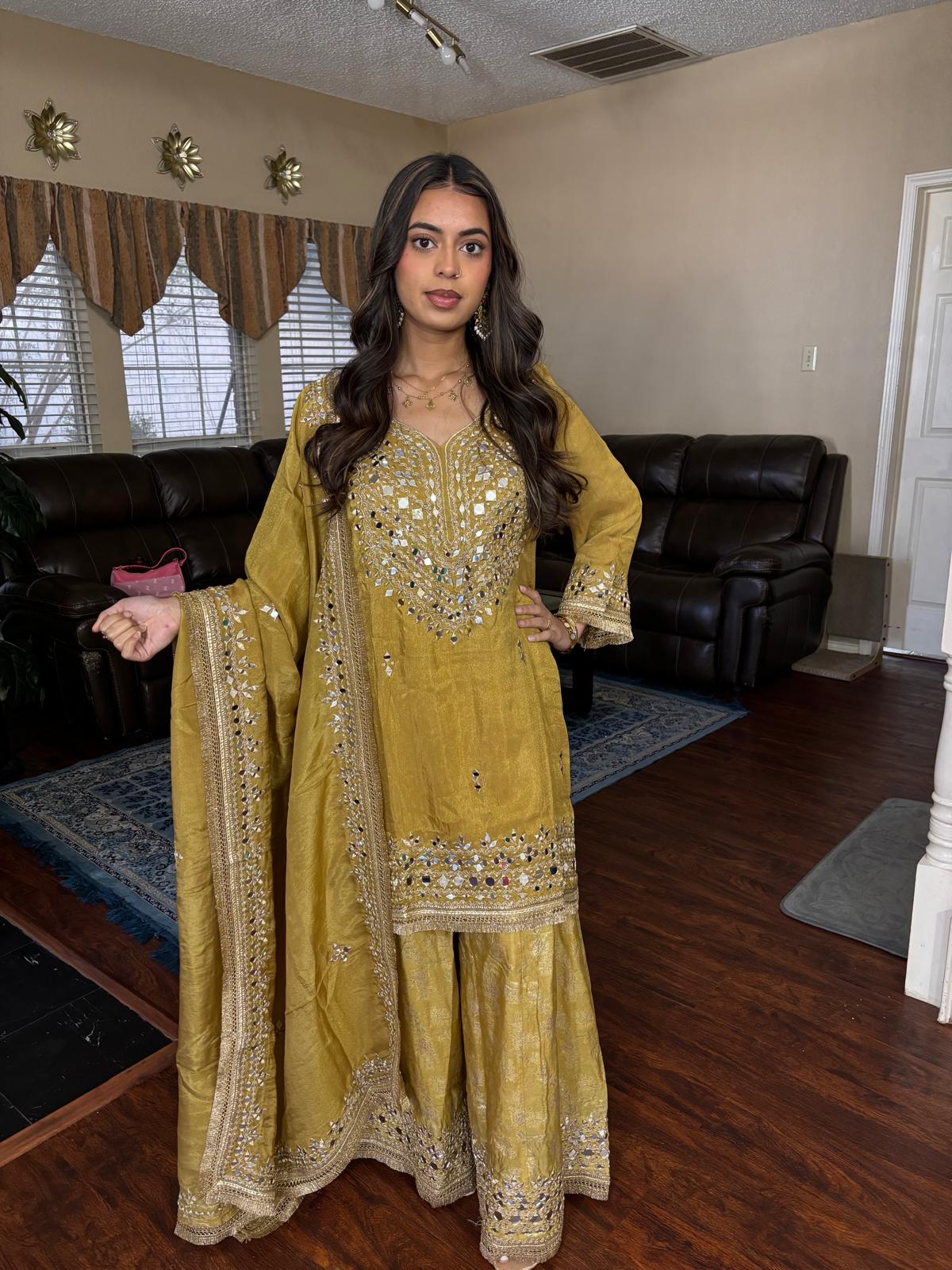 Olive Gold Mirror Embellished Sharara Set