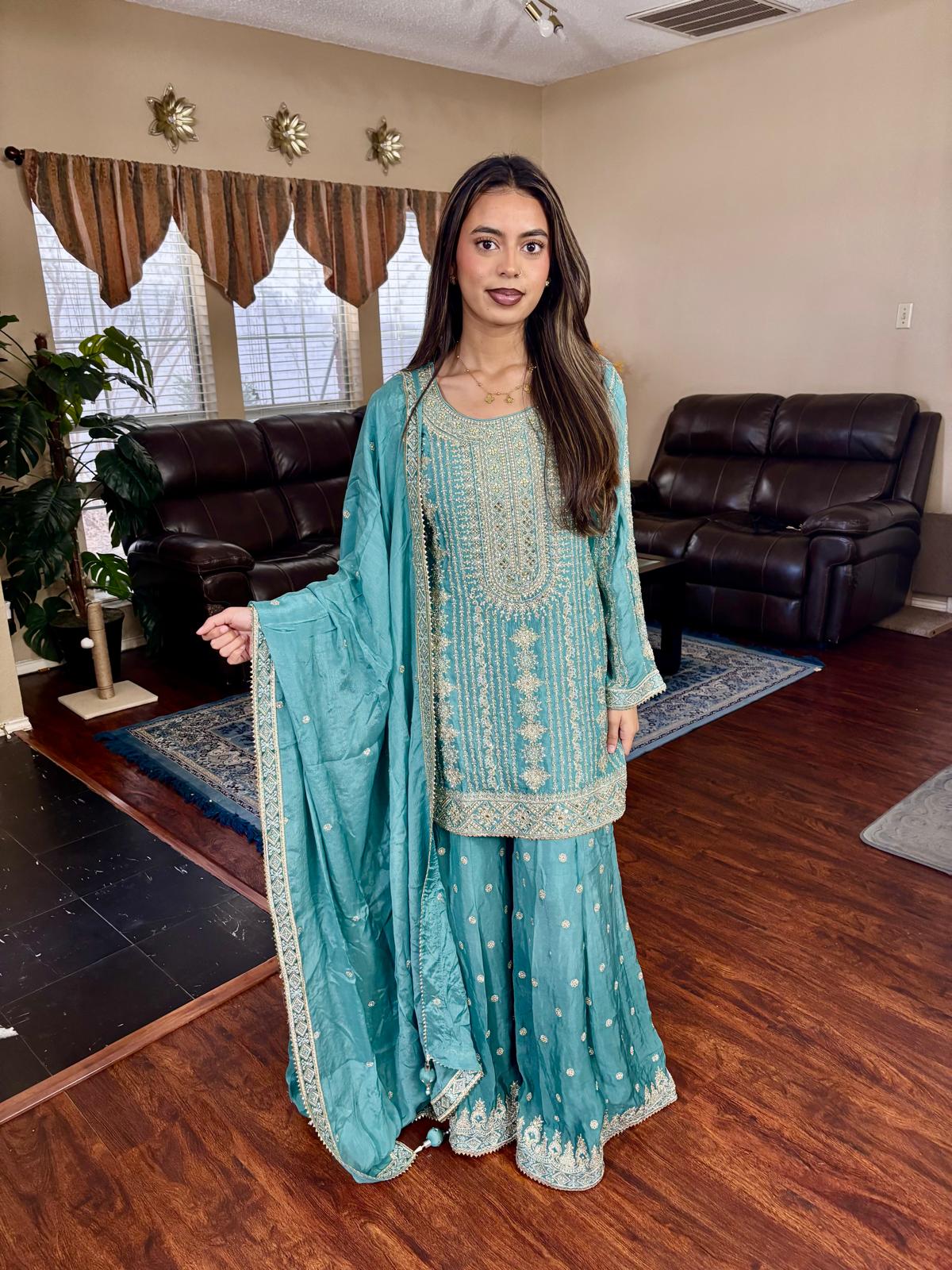 Turquoise Embroidered Sharara Suit