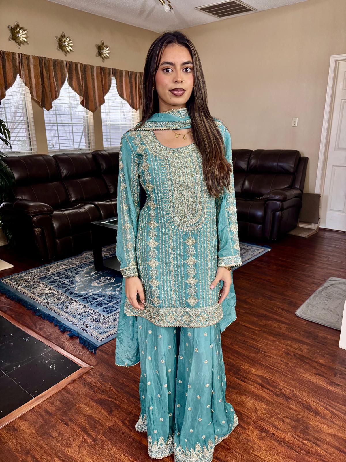 Turquoise Embroidered Sharara Suit