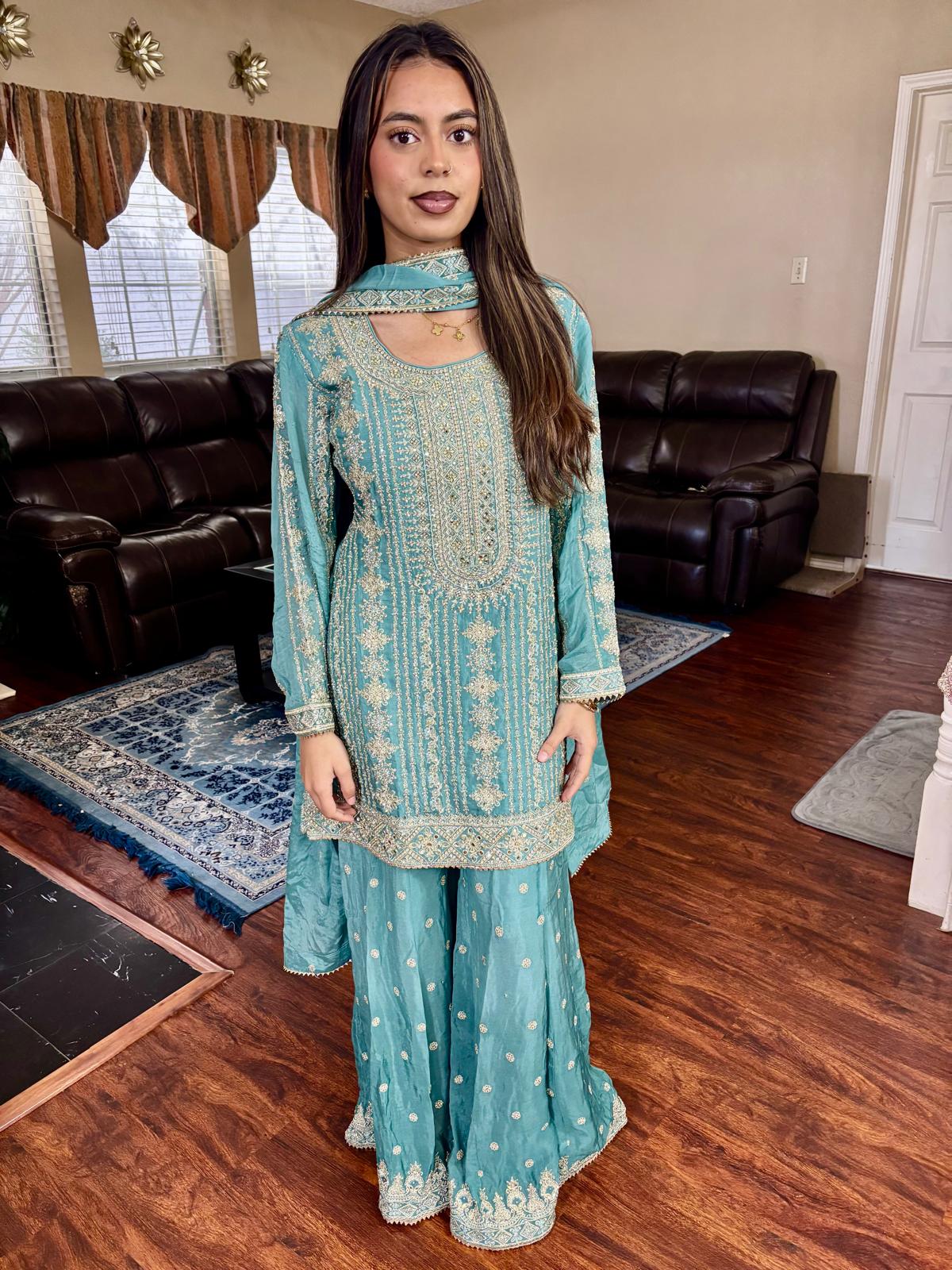 Turquoise Embroidered Sharara Suit
