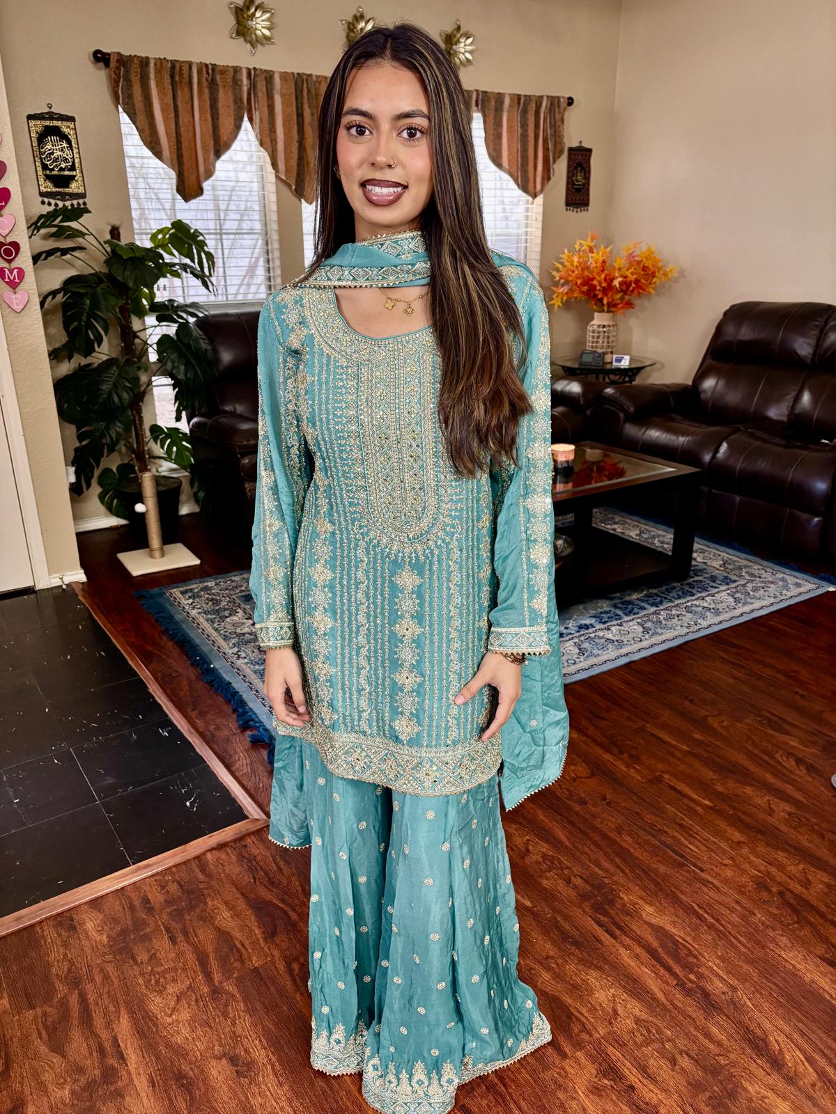 Turquoise Embroidered Sharara Suit