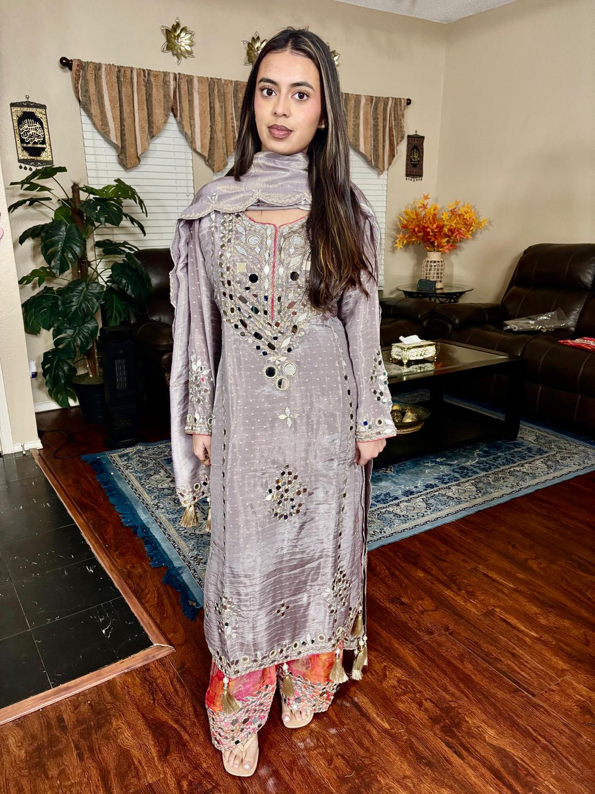 Mauve Grey Mirror Embellished Suit