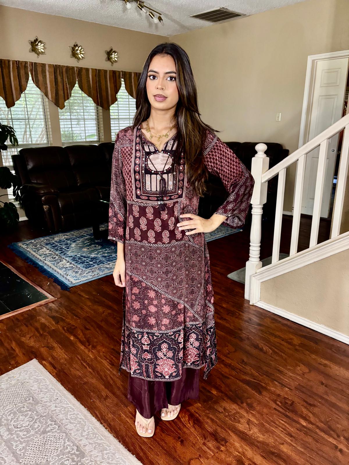 Ajrakh Multi Print Maroon and Burgundy A-Line Co-Ord Set