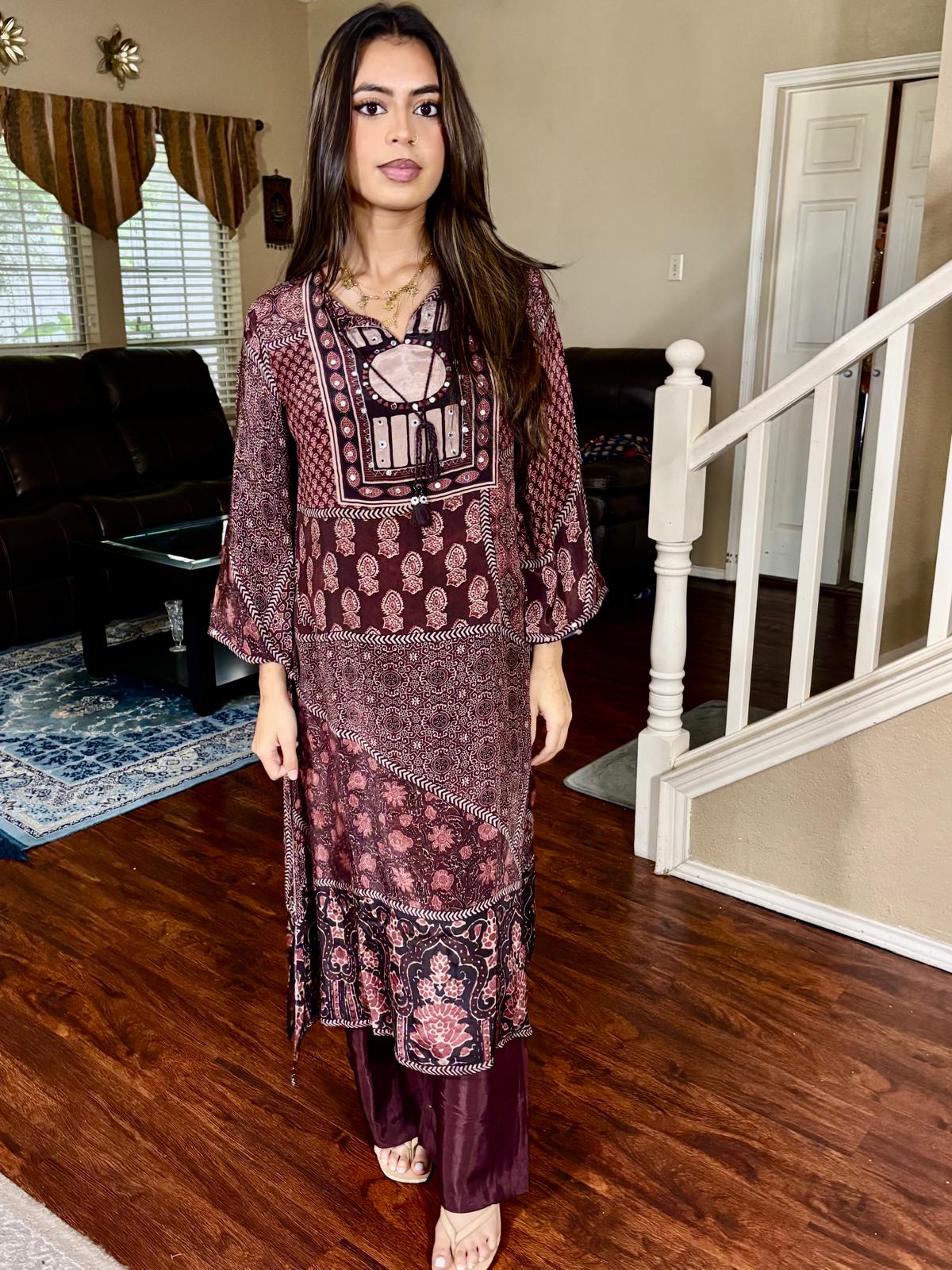 Ajrakh Multi Print Maroon and Burgundy A-Line Co-Ord Set