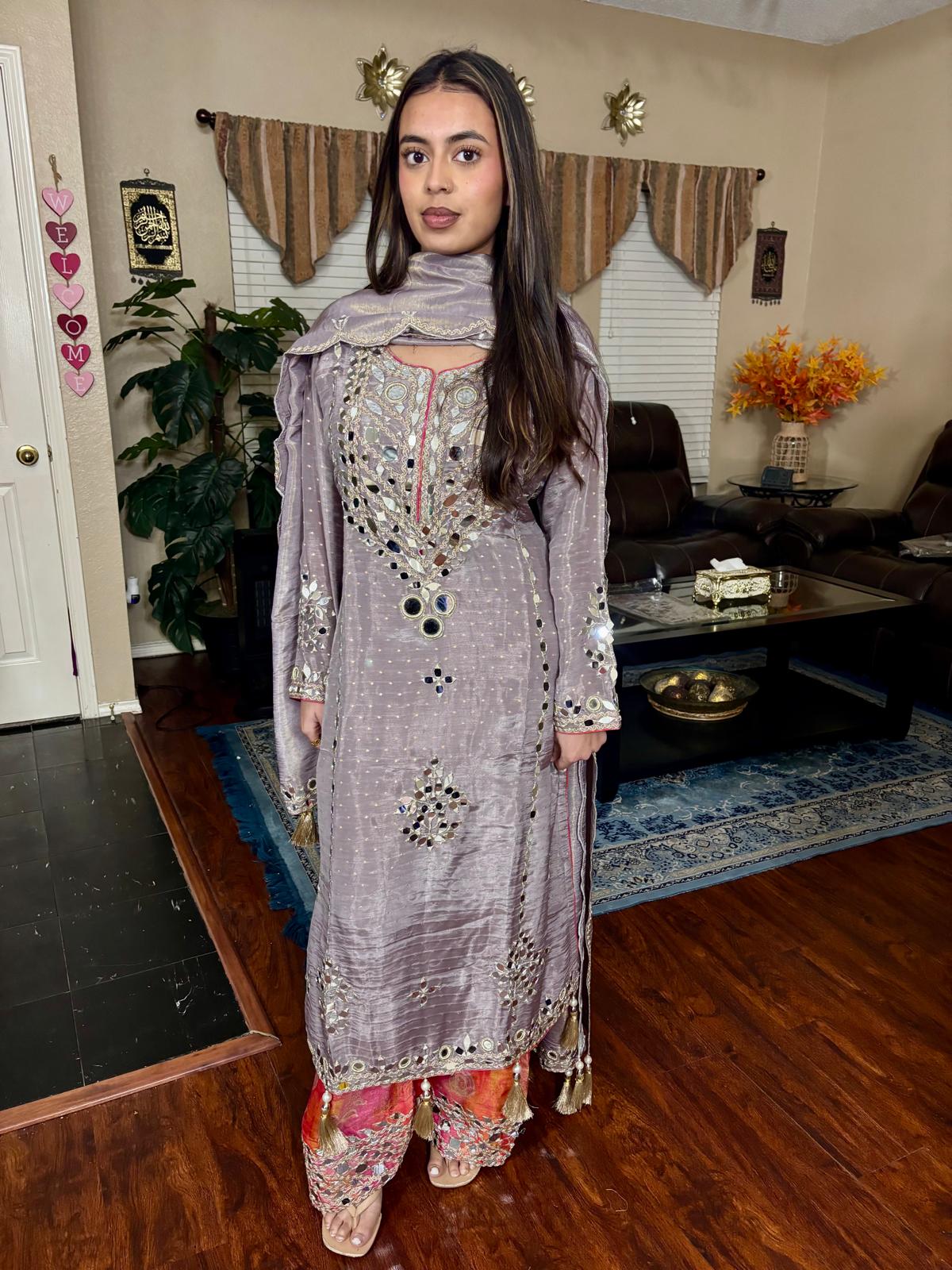 Mauve Grey Mirror Embellished Suit
