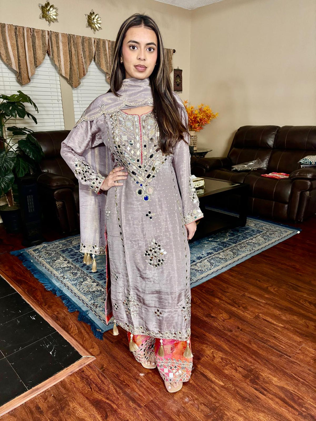Mauve Grey Mirror Embellished Suit