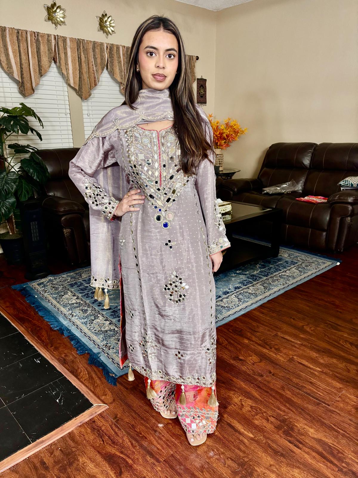 Mauve Grey Mirror Embellished Suit