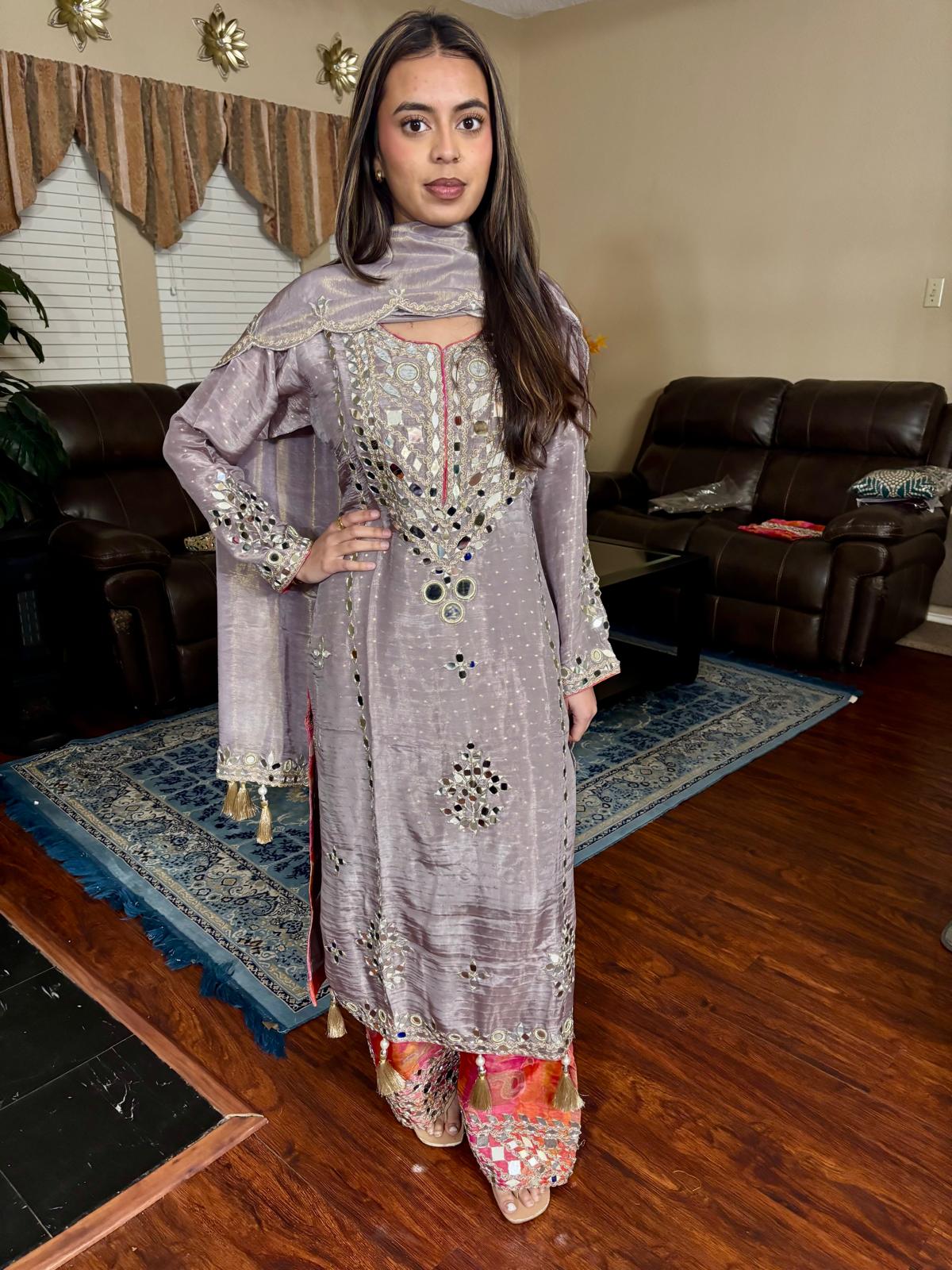 Mauve Grey Mirror Embellished Suit