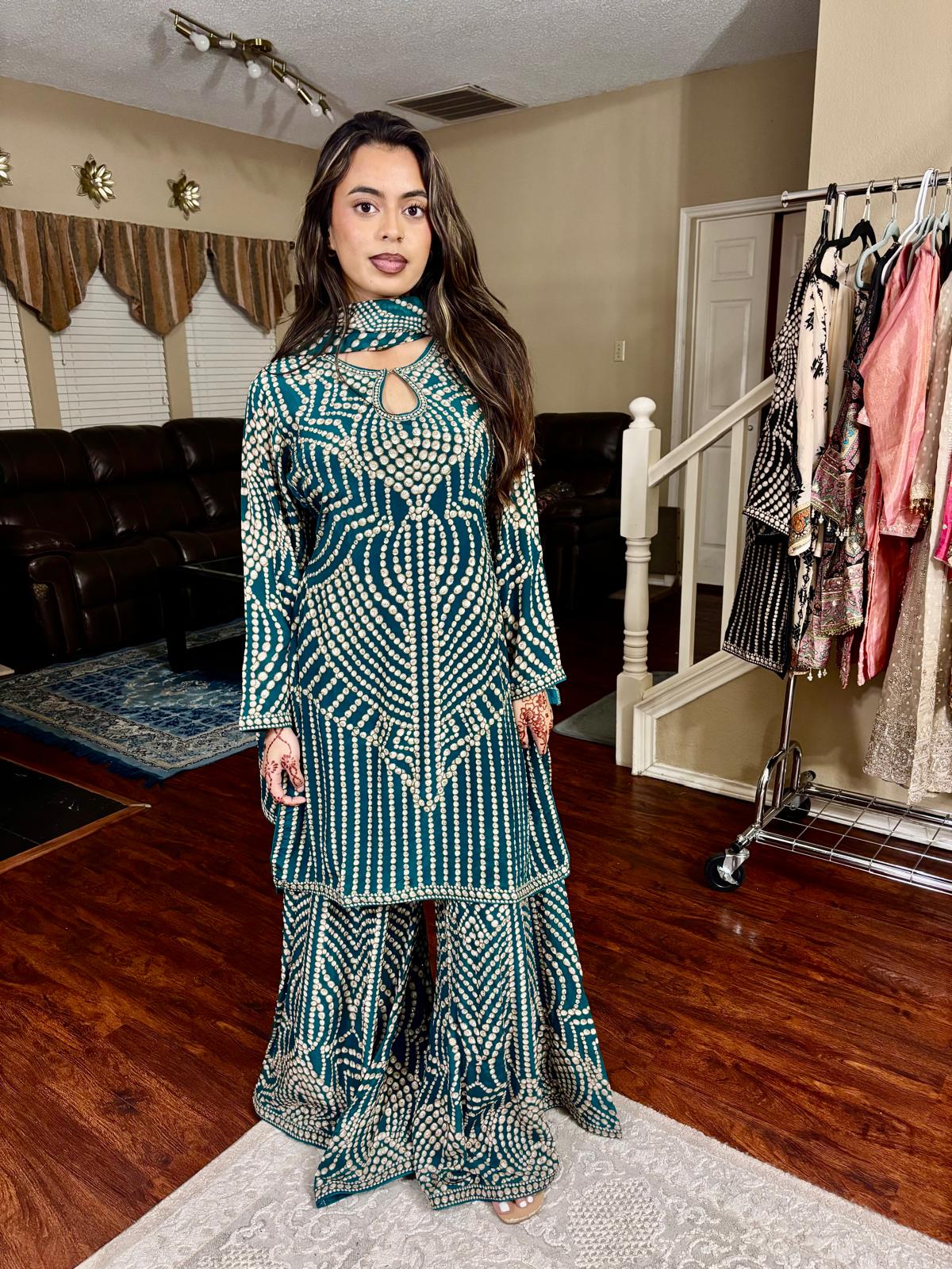Teal & Ivory Embellished Sharara Set