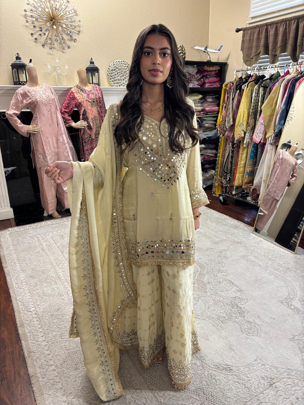 Pistachio Gold Mirror Embellished Sharara Set