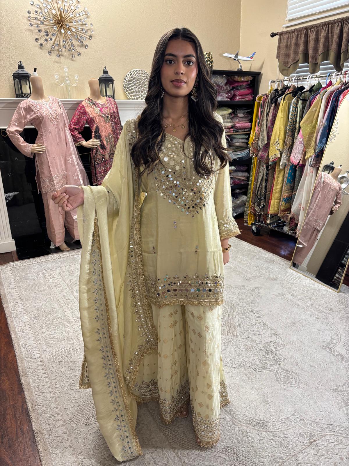 Pistachio Gold Mirror Embellished Sharara Set
