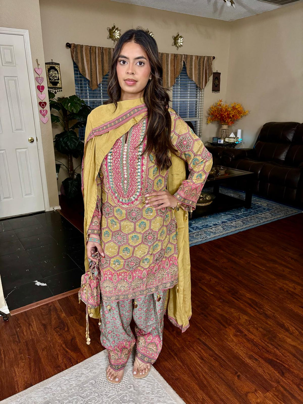 Mustard & Pink Geometric Print Salwar Suit