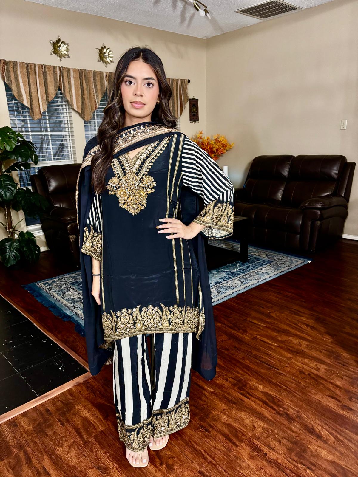 Black Striped Sequin Leather Work Suit