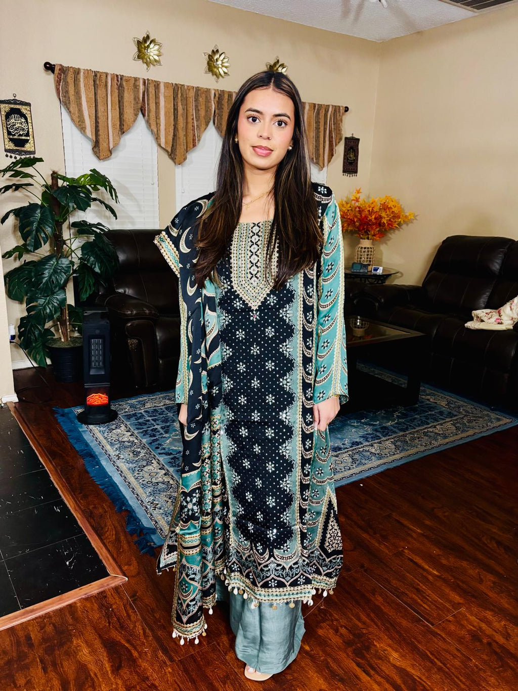 Black & Sage Ethnic Print A-Line Suit