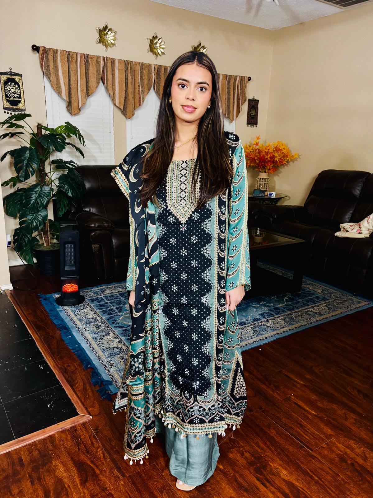 Black & Sage Ethnic Print A-Line Suit