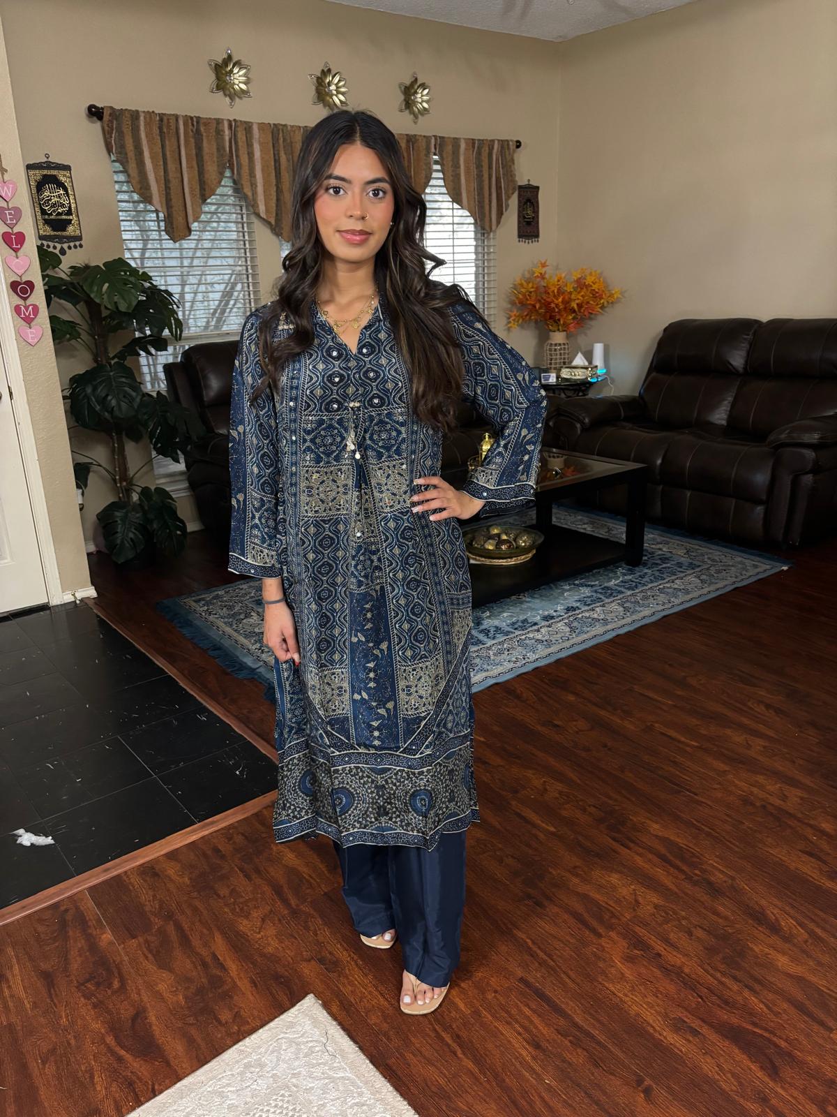 Navy Mirror Ajrak Set