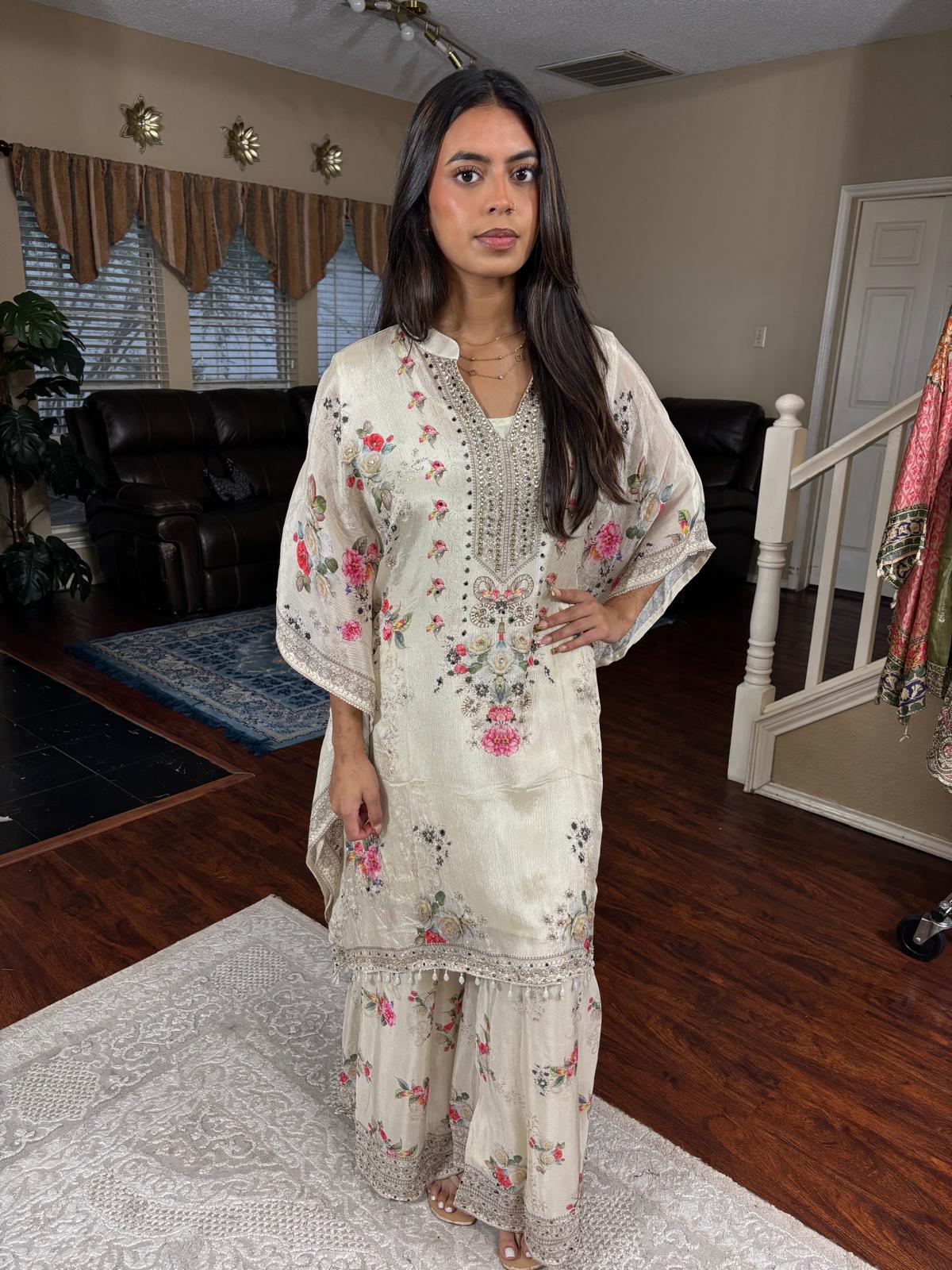 Ivory Floral Kaftan Sharara Set