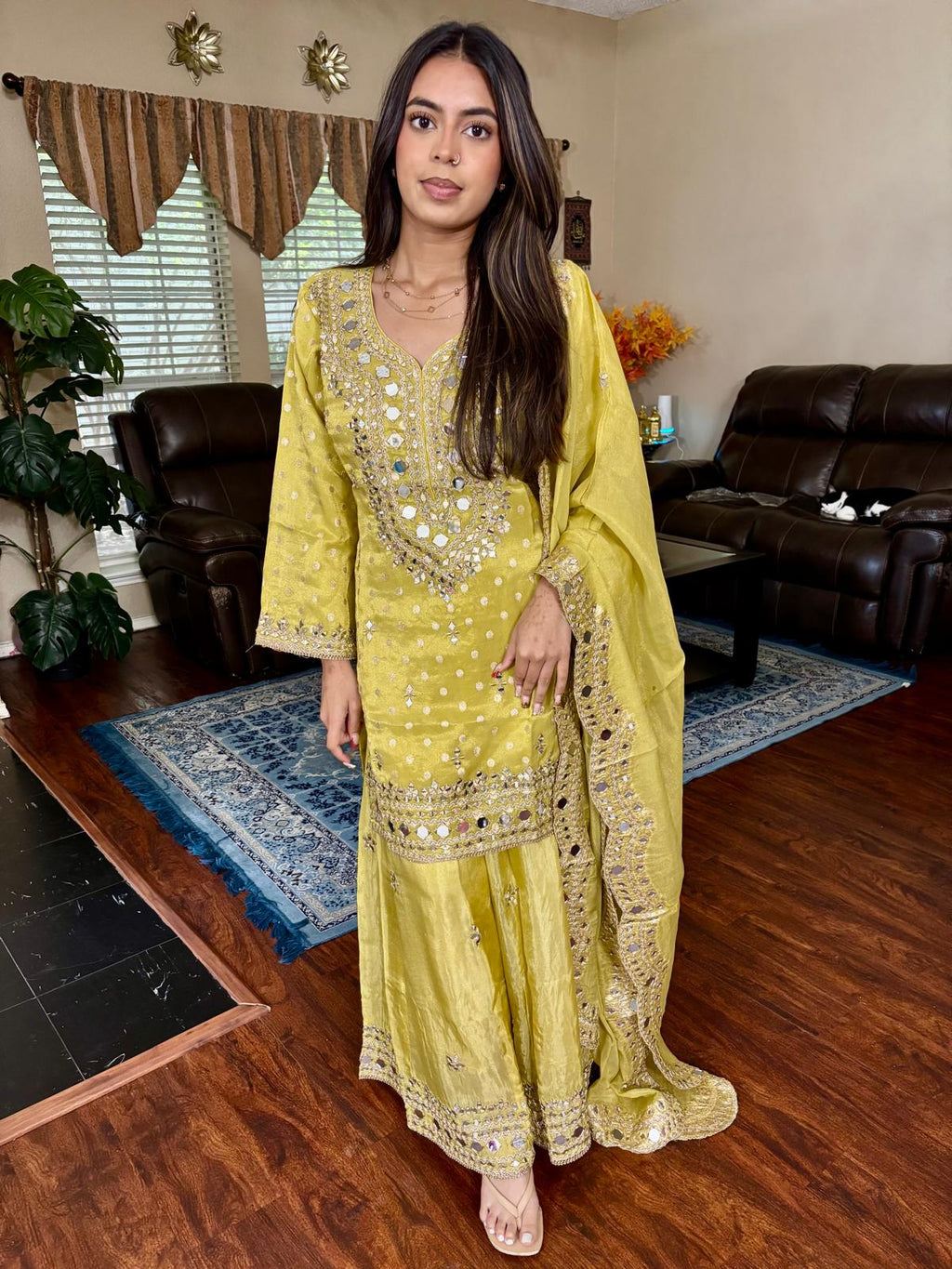 Chartreuse Mirror Embellished Sharara Set