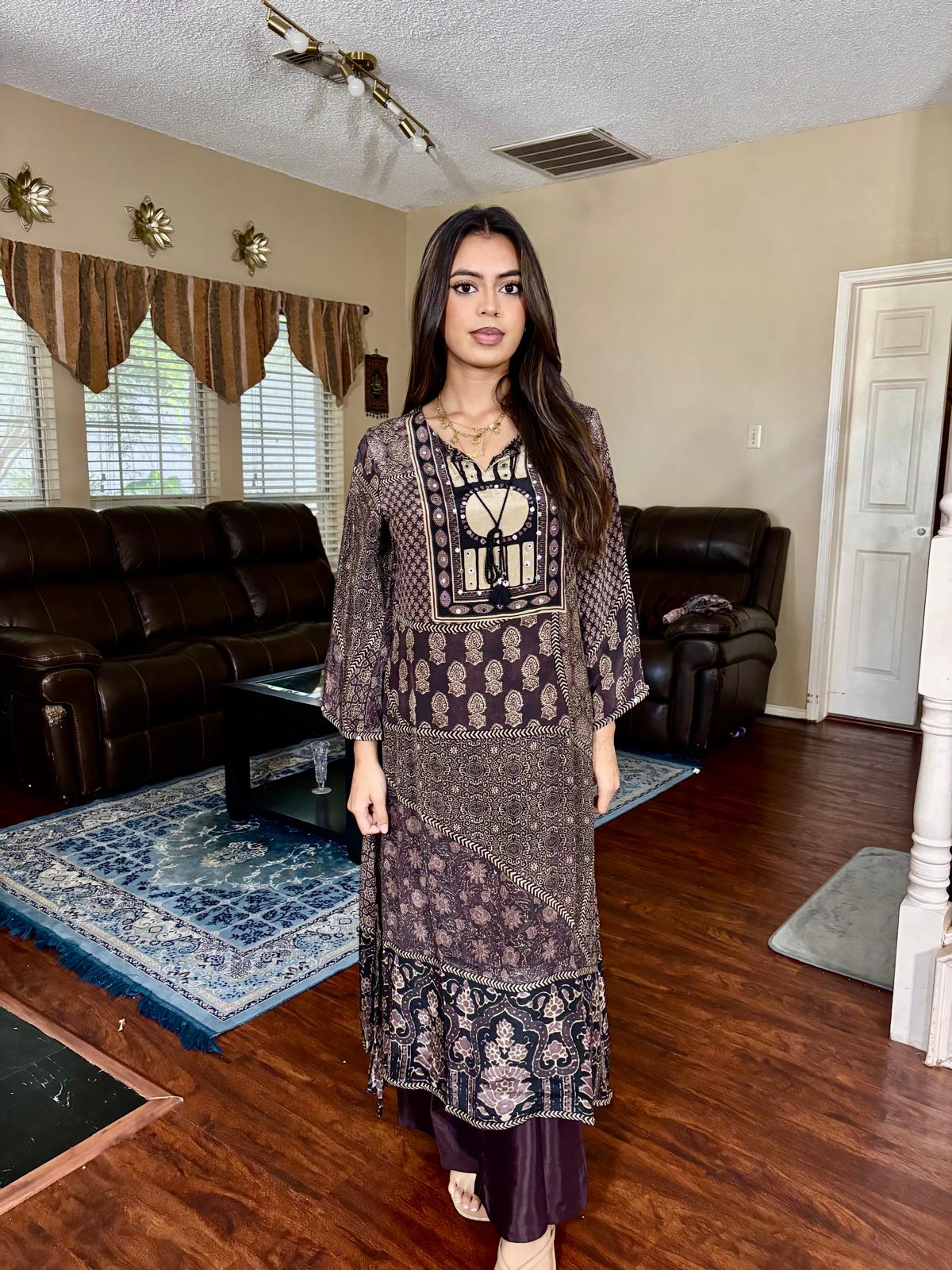 Ajrakh Multi Print Charcoal Grey and Beige A-Line Kurta Set