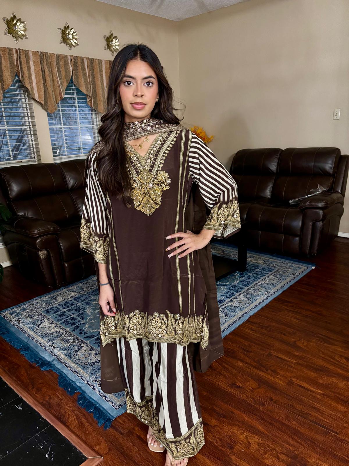 Espresso Striped Sequin Leather Work Suit