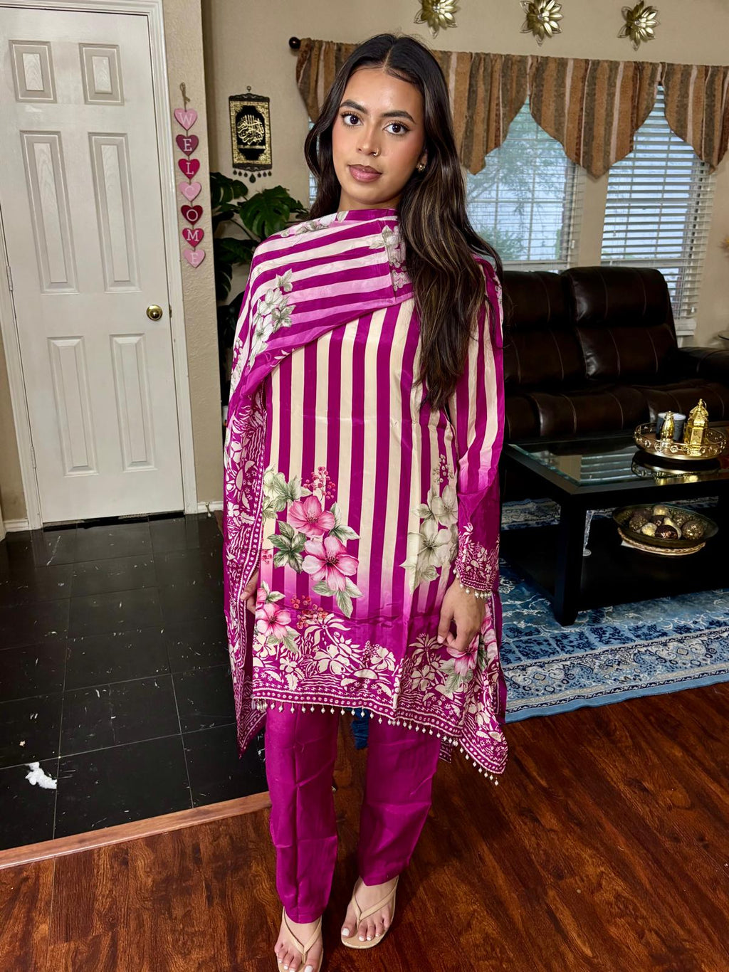 Magenta Striped Floral Print Suit