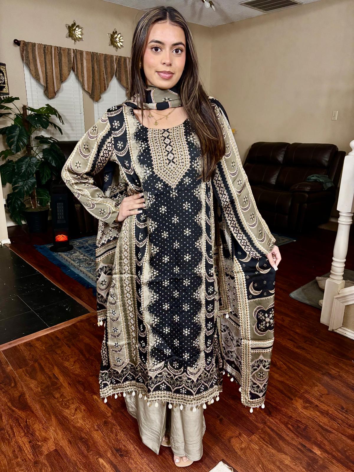 Black & Beige Ethnic Print A-Line Suit