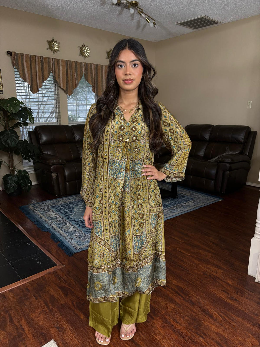 Mehendi Green Ajrakh Mirror Work Co-Ord Set