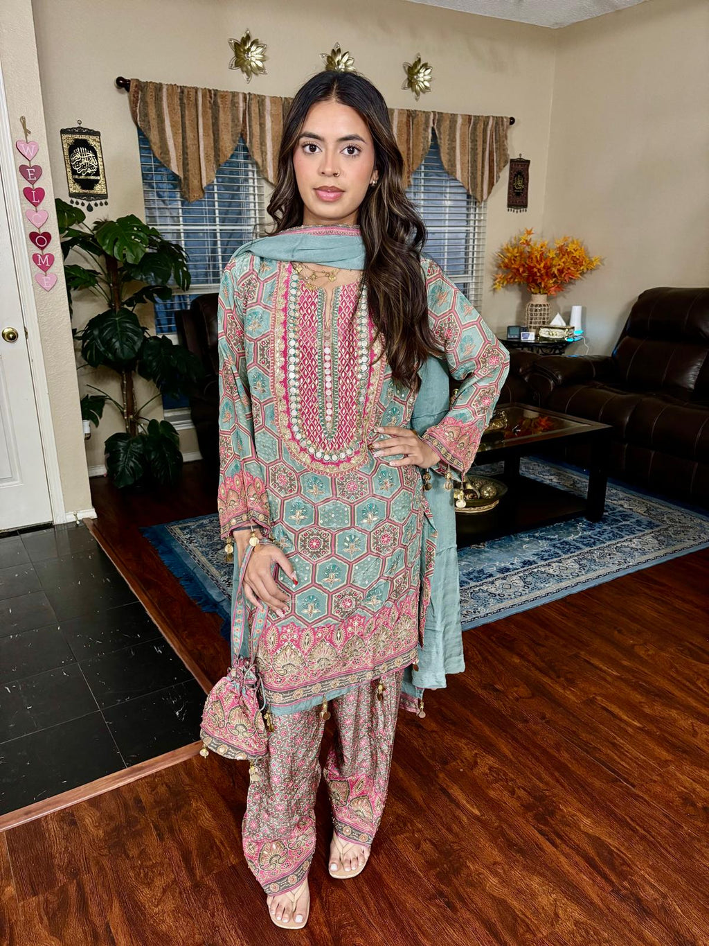 Sage & Pink Geometric Print Salwar Suit