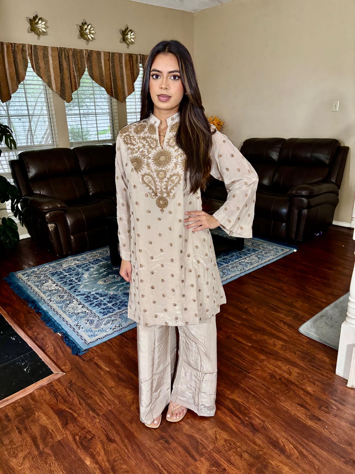 Ivory Sequin Embroidered Plazzo Suit