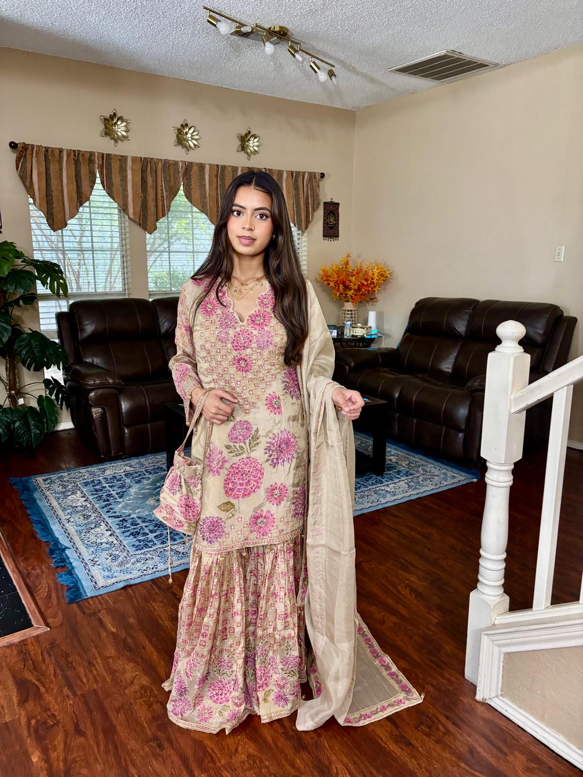 Beige Floral Print Gota Doria Sharara Set