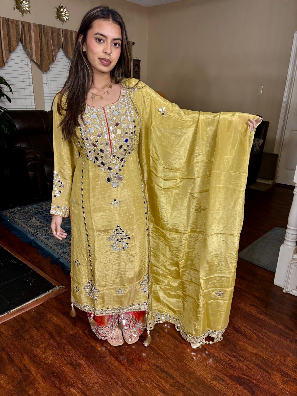 Golden Yellow Mirror Embellished Suit