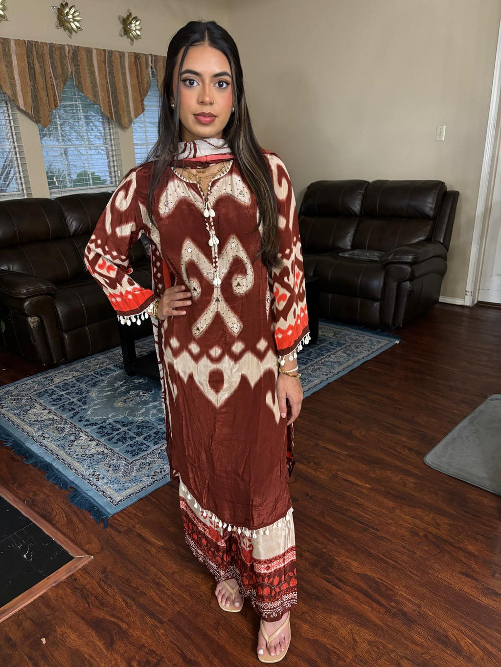 Rust Ikat Print Embroidered Plazzo Suit