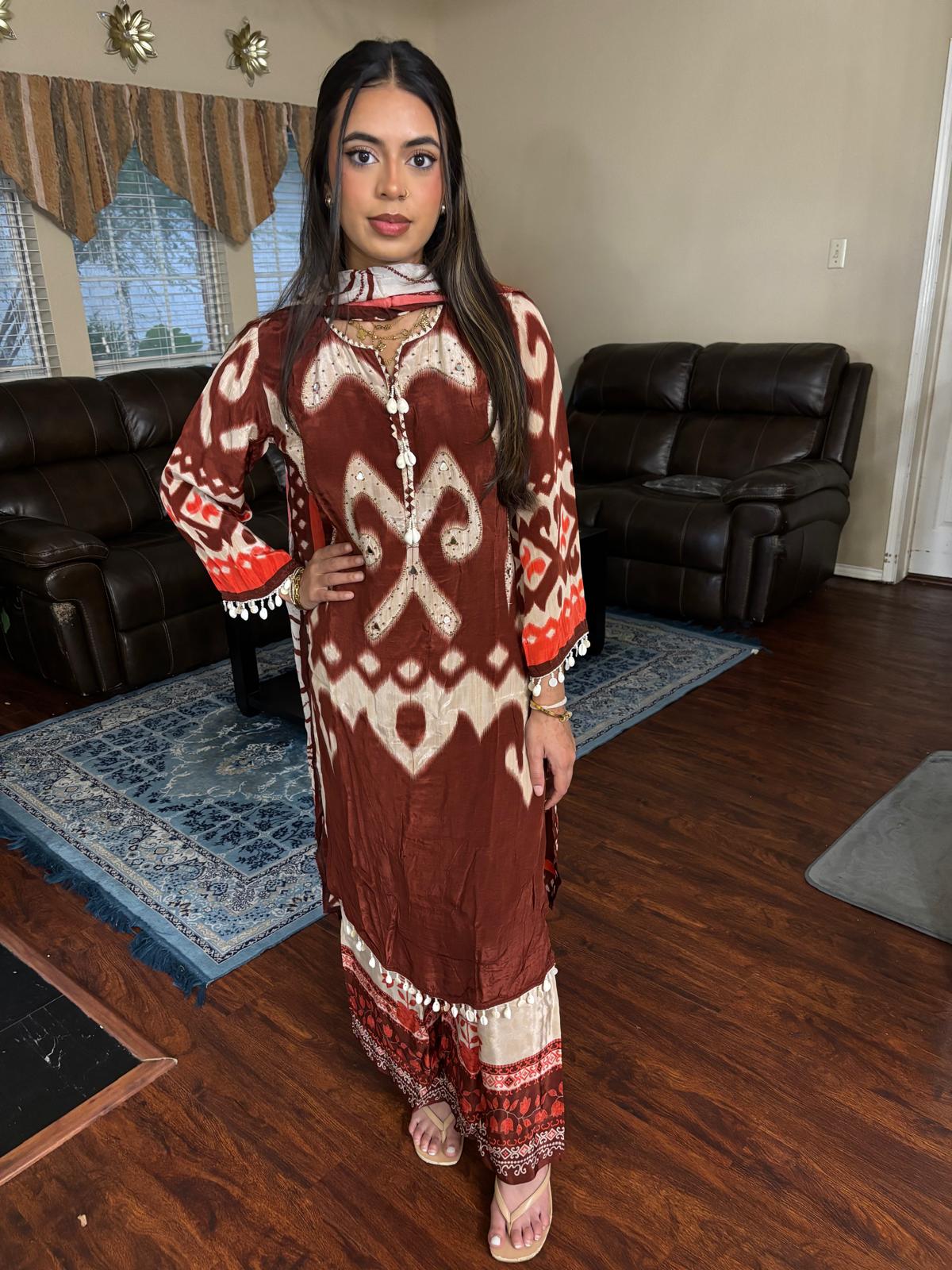 Rust Ikat Print Embroidered Plazzo Suit