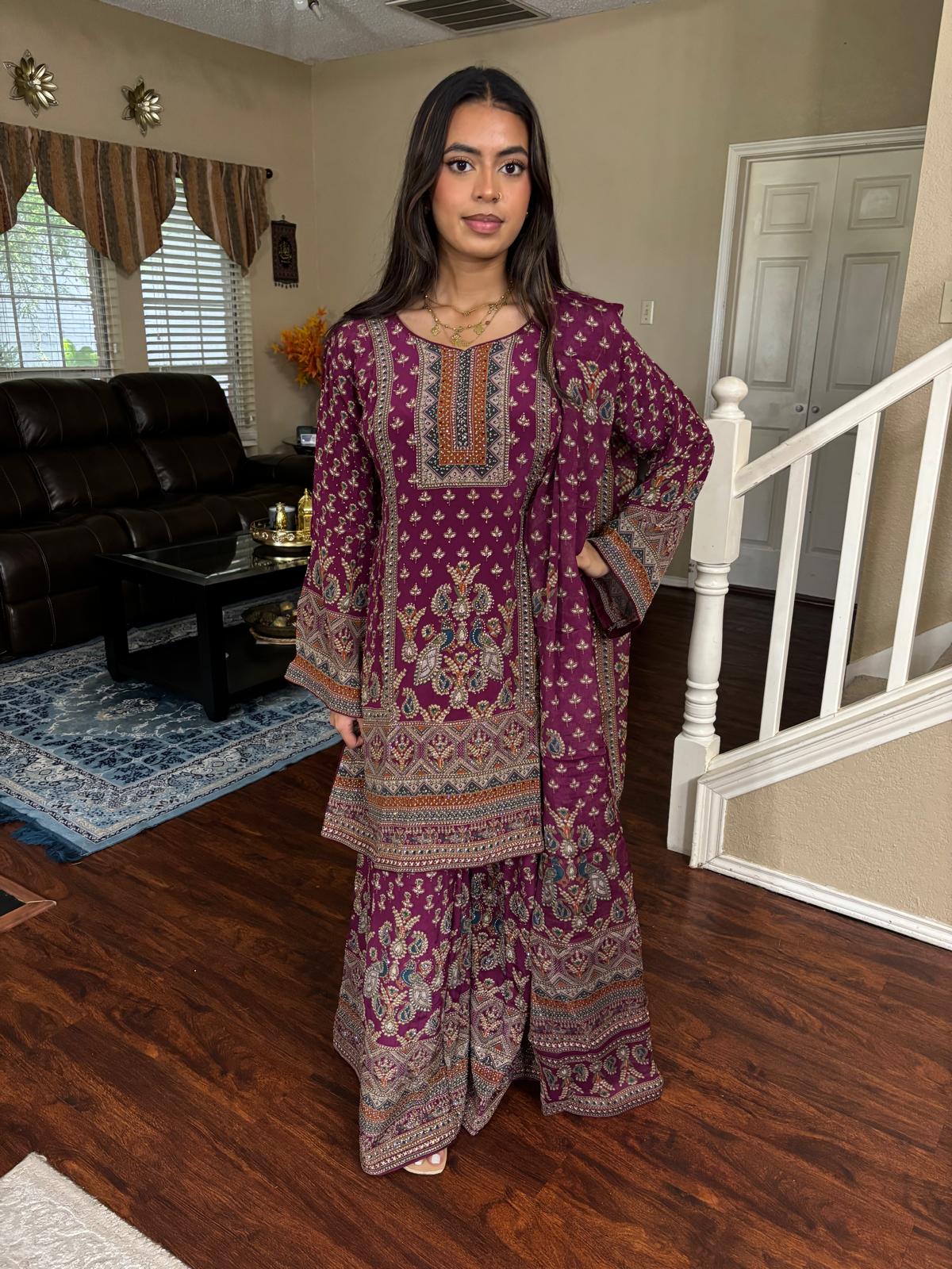 Magenta Digital Print Rhinestone Sharara Set