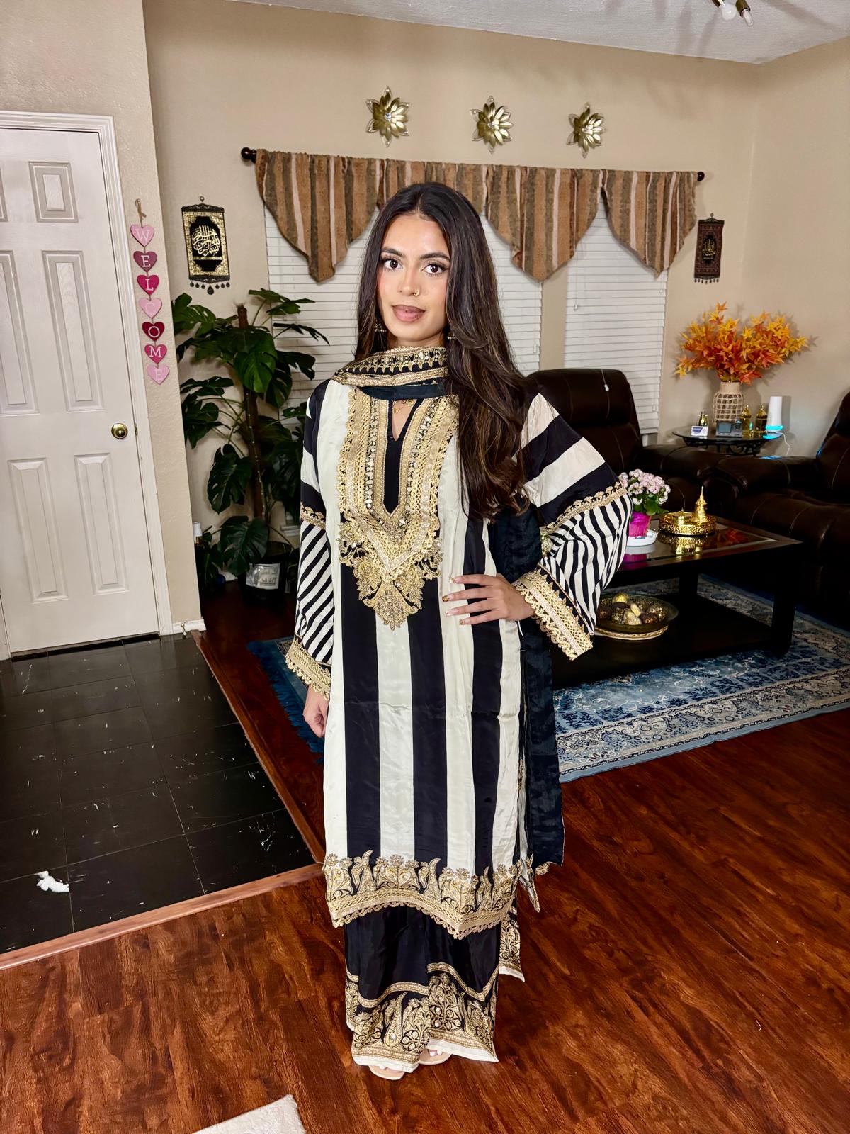 Black & Ivory Striped Embroidered Suit