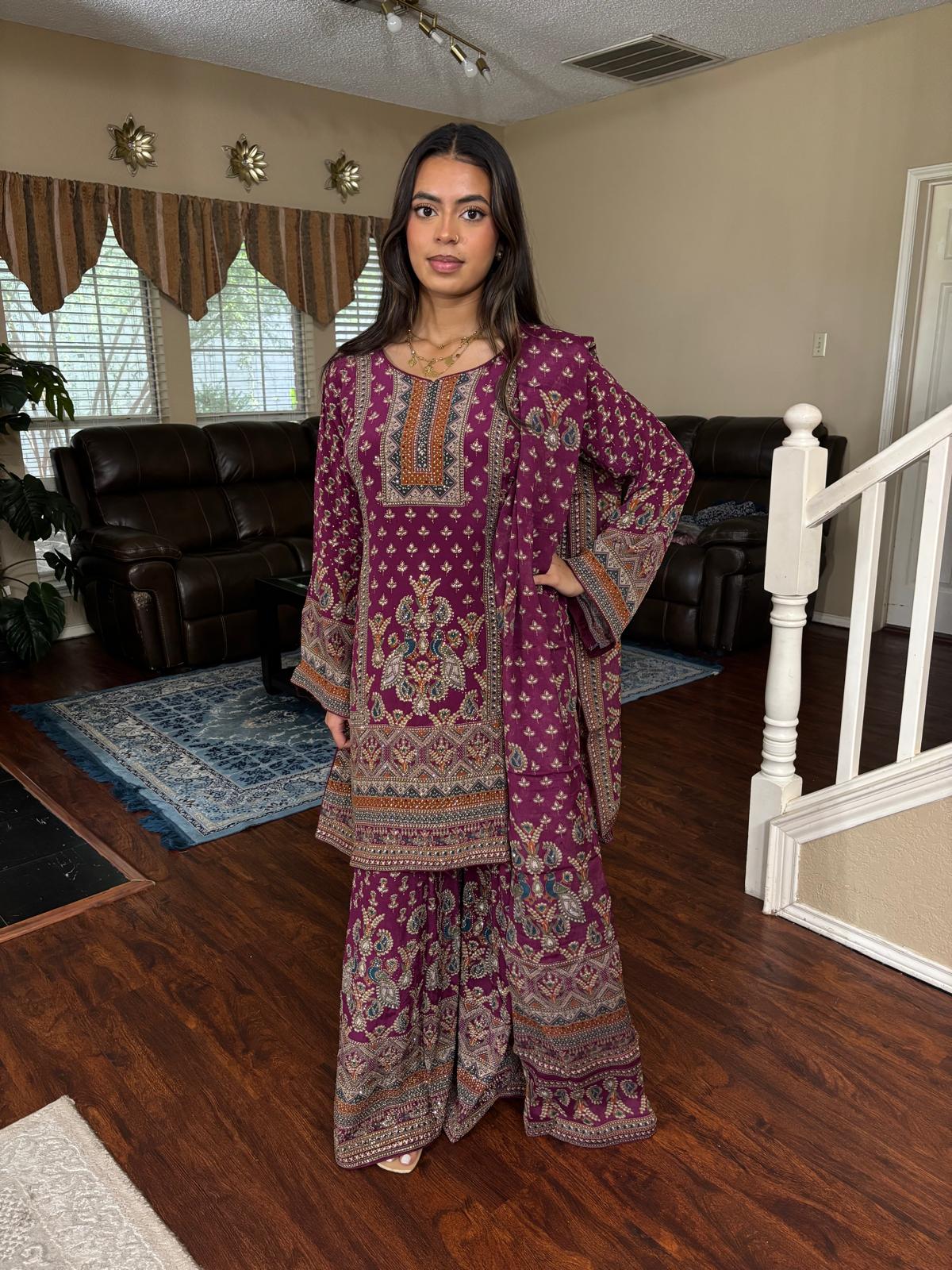 Magenta Digital Print Rhinestone Sharara Set