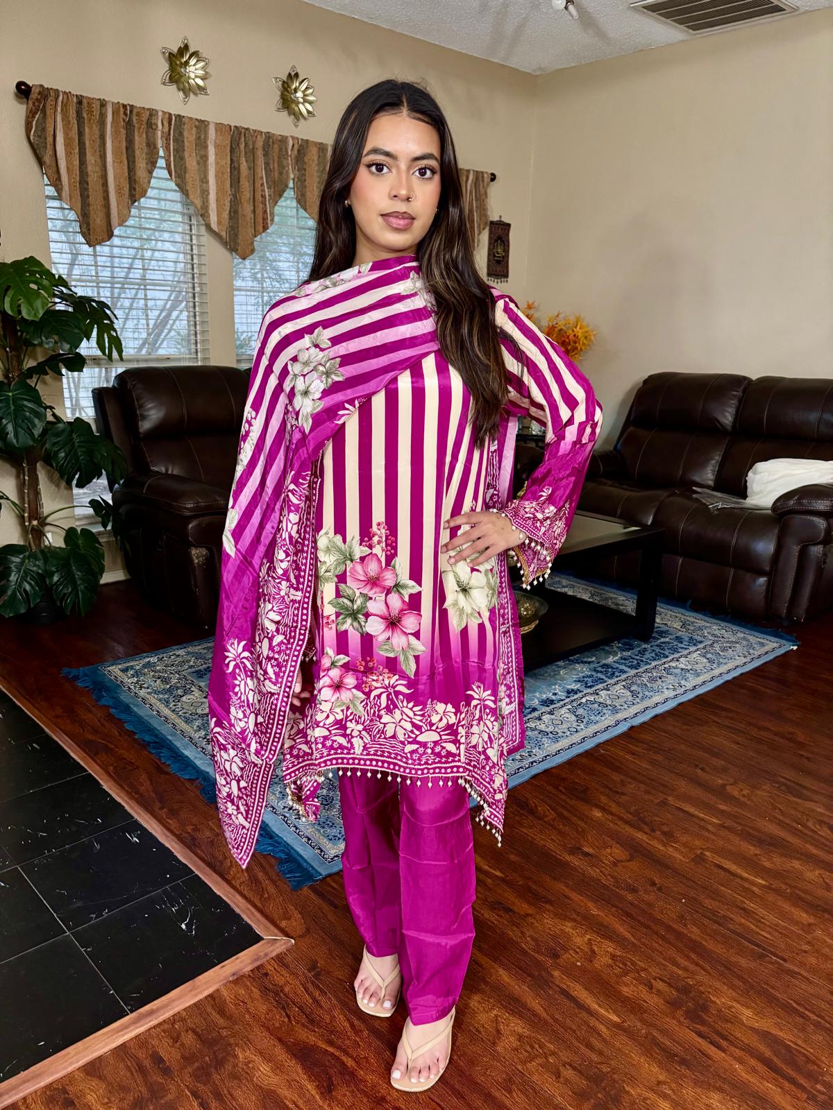 Magenta Striped Floral Print Suit