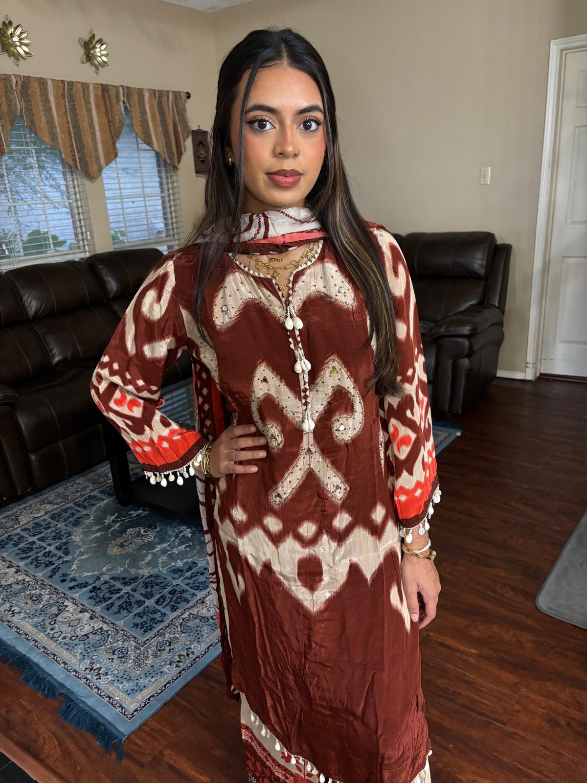 Rust Ikat Print Embroidered Plazzo Suit