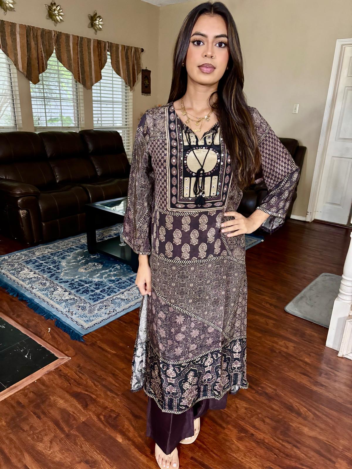 Ajrakh Multi Print Charcoal Grey and Beige A-Line Kurta Set